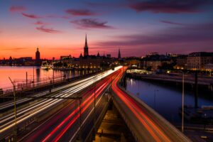 Scenic view of old buildings and car traffic at the bridge Stockholm, Sweden